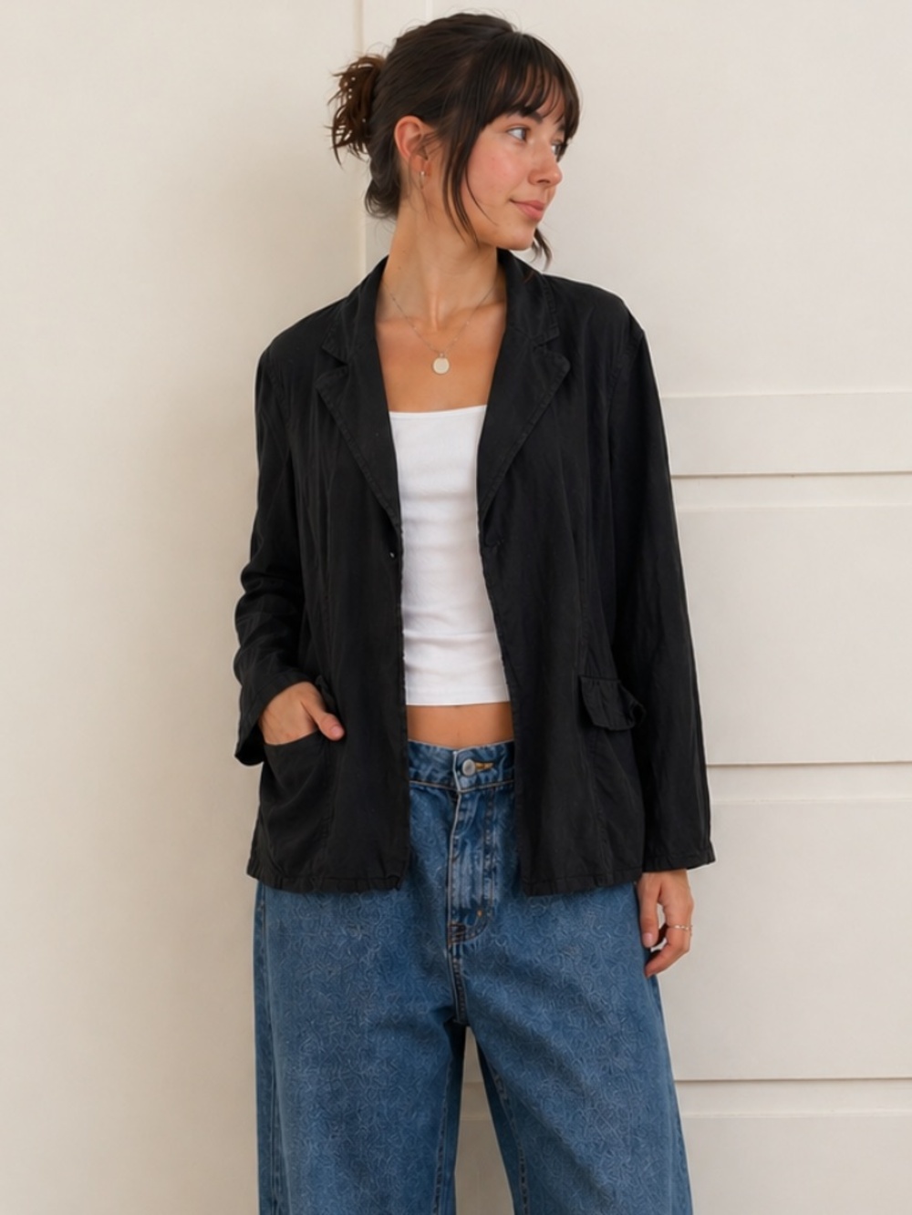 DKNY Black Silk Linen Blazer Lightweight Minimalist Jacket Size XL 14